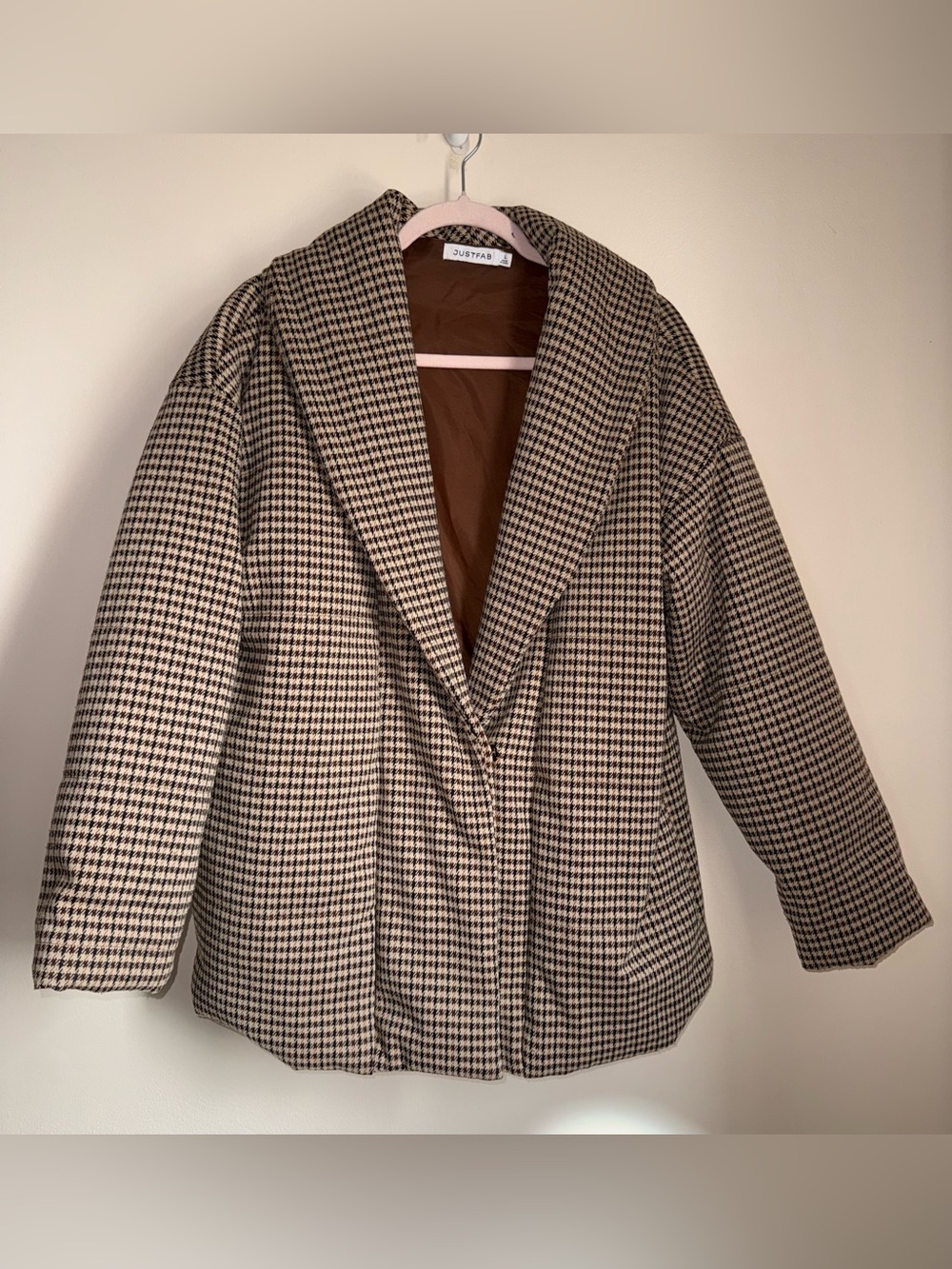 Academia Houndstooth Preppy Cher Clueless Brown Puffer Jacket JustFab Size Large